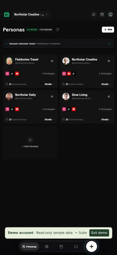 AutoFeed demo: personas and content planning.