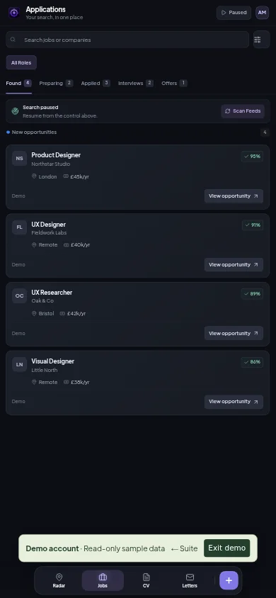 Hunter demo: CV preparation and application tracking.